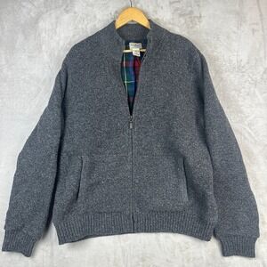 L.L. BEAN Mens Heavyweight 100% Wool Sweater Jacket Tartan Lined Size Large Gray